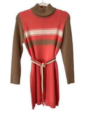 Vintage 60s Dress Size Large 40 Joyce Wool Knit Belted Sweater Colorblock Coral